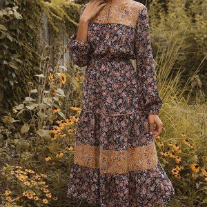 Women's Beautiful Navy A Floral-print Woven High-waisted Design Midi Dress NWT